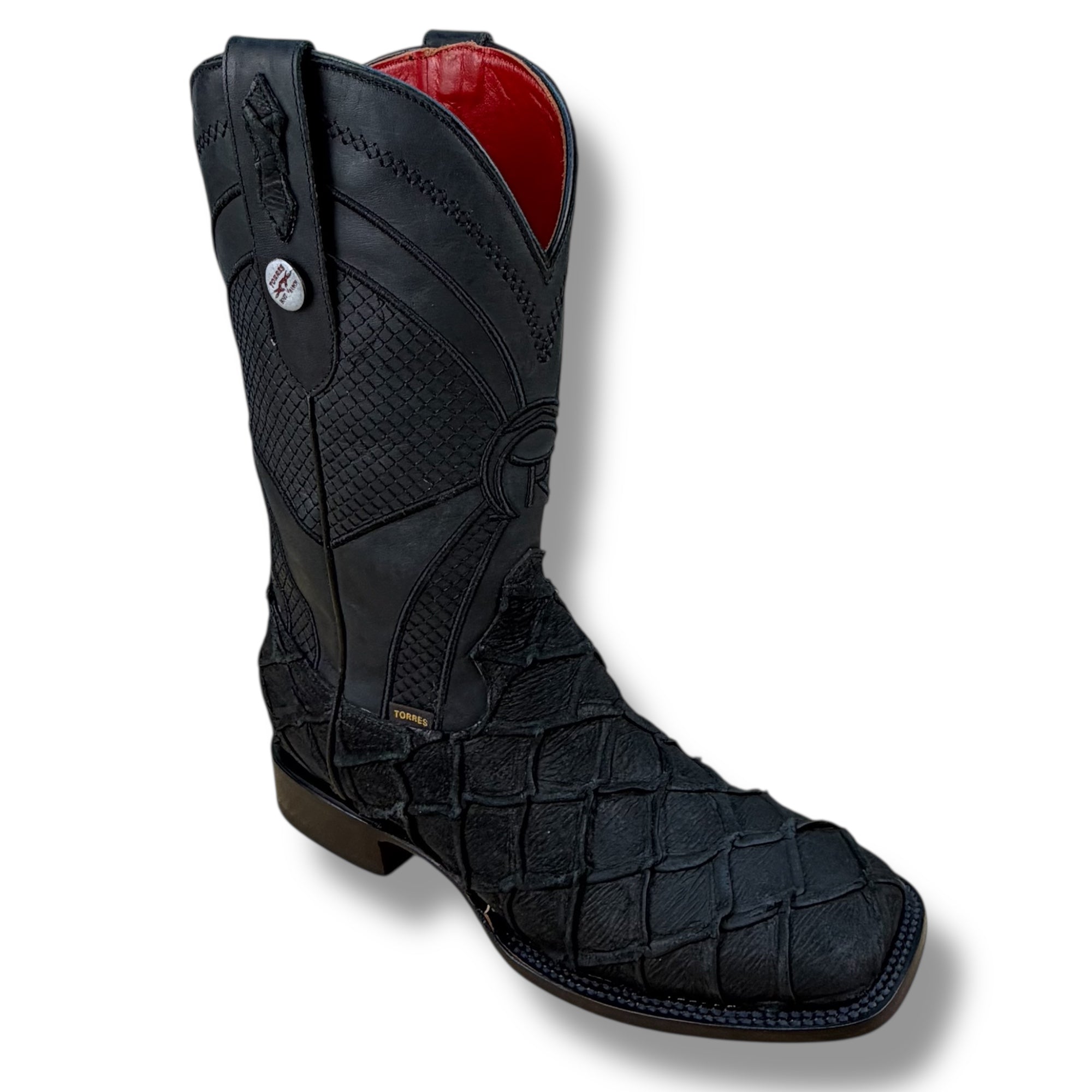 Midnight Ember Matte Black Pirarucu Leather Boot - Sqaure Tow