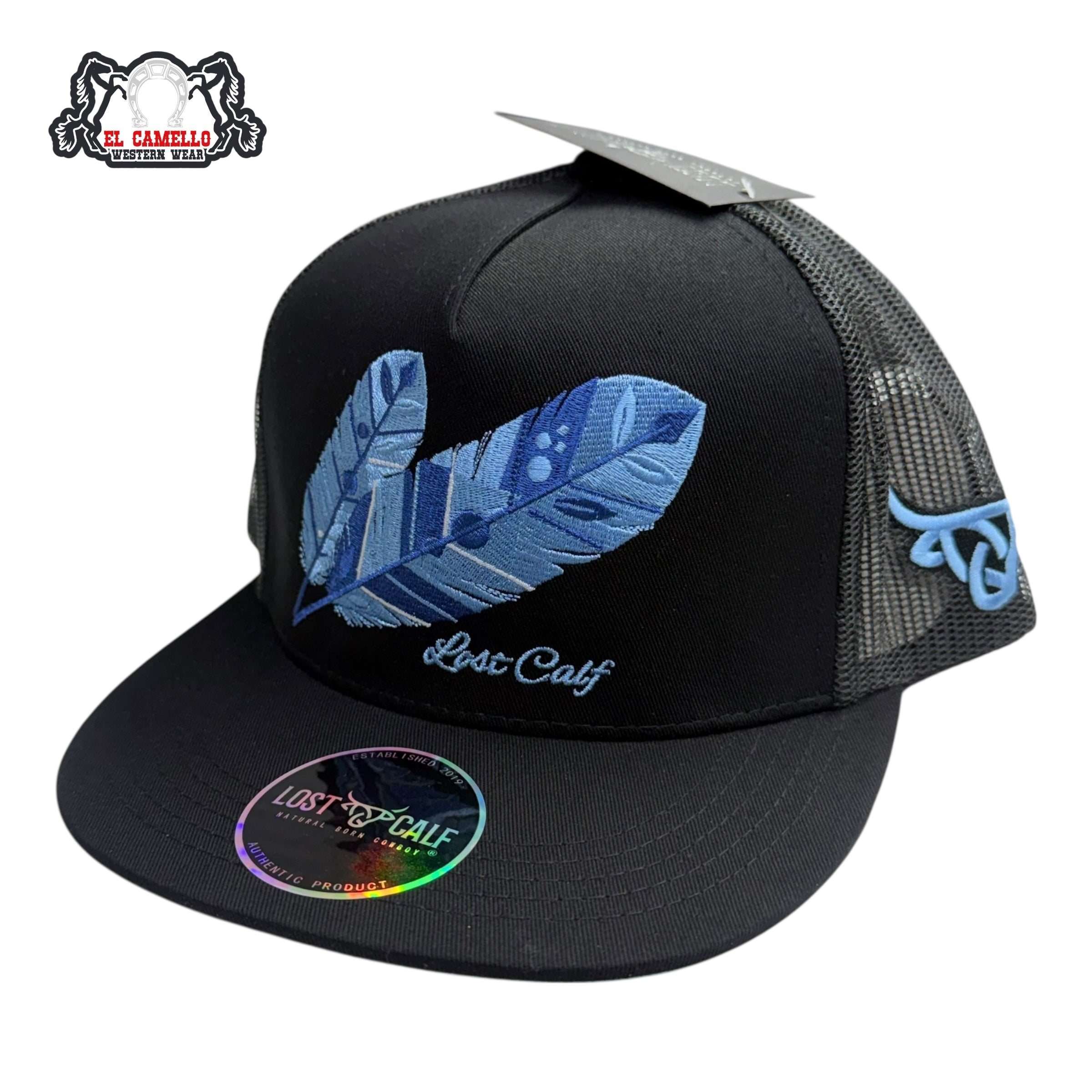 Lost Calf Blue Feather Mesh Cap – Black LC1017