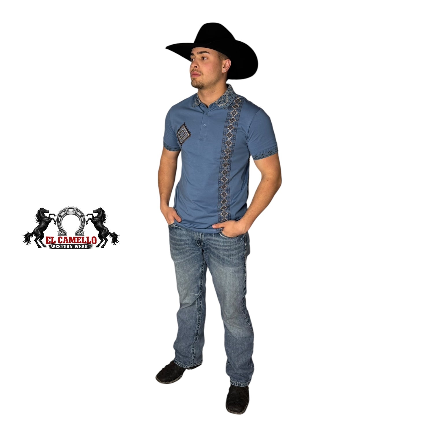 LAM28235 Men’s Western Embroidered Polo – Blue