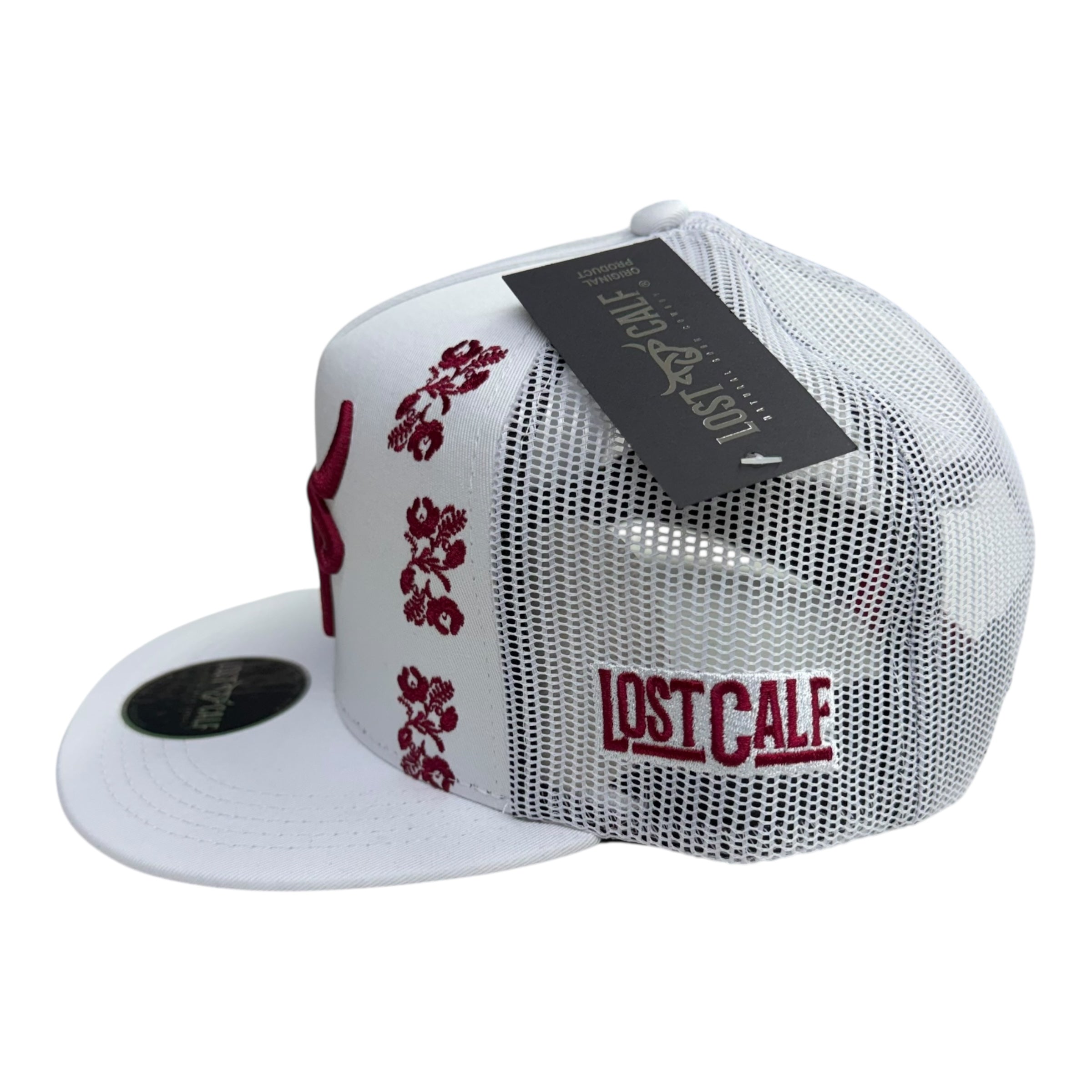 Lost Calf Floral Bull Mesh Cap – White & Burgundy LC1010