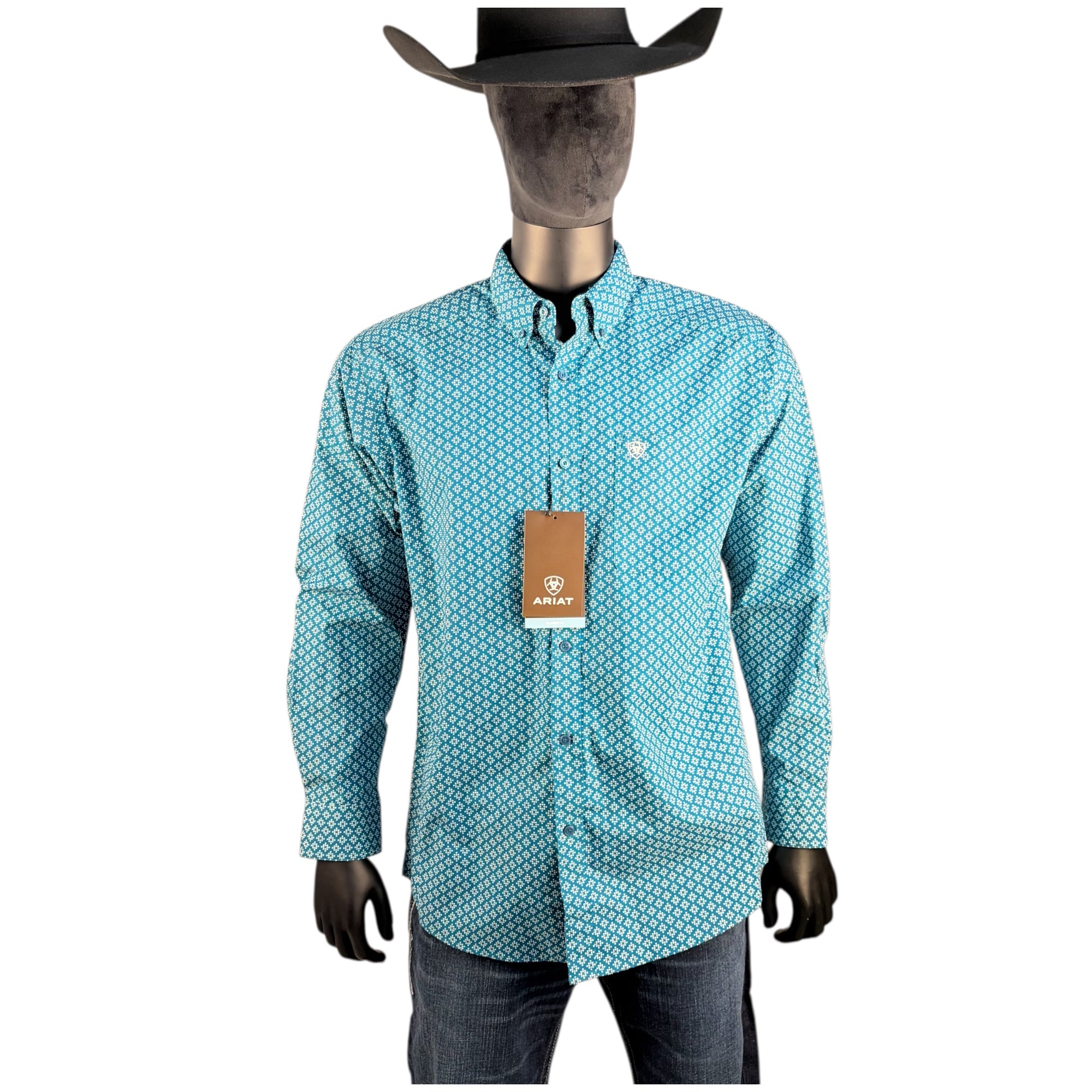 Ariat Men’s Teal Micro Geo Print Long Sleeve Western Shirt