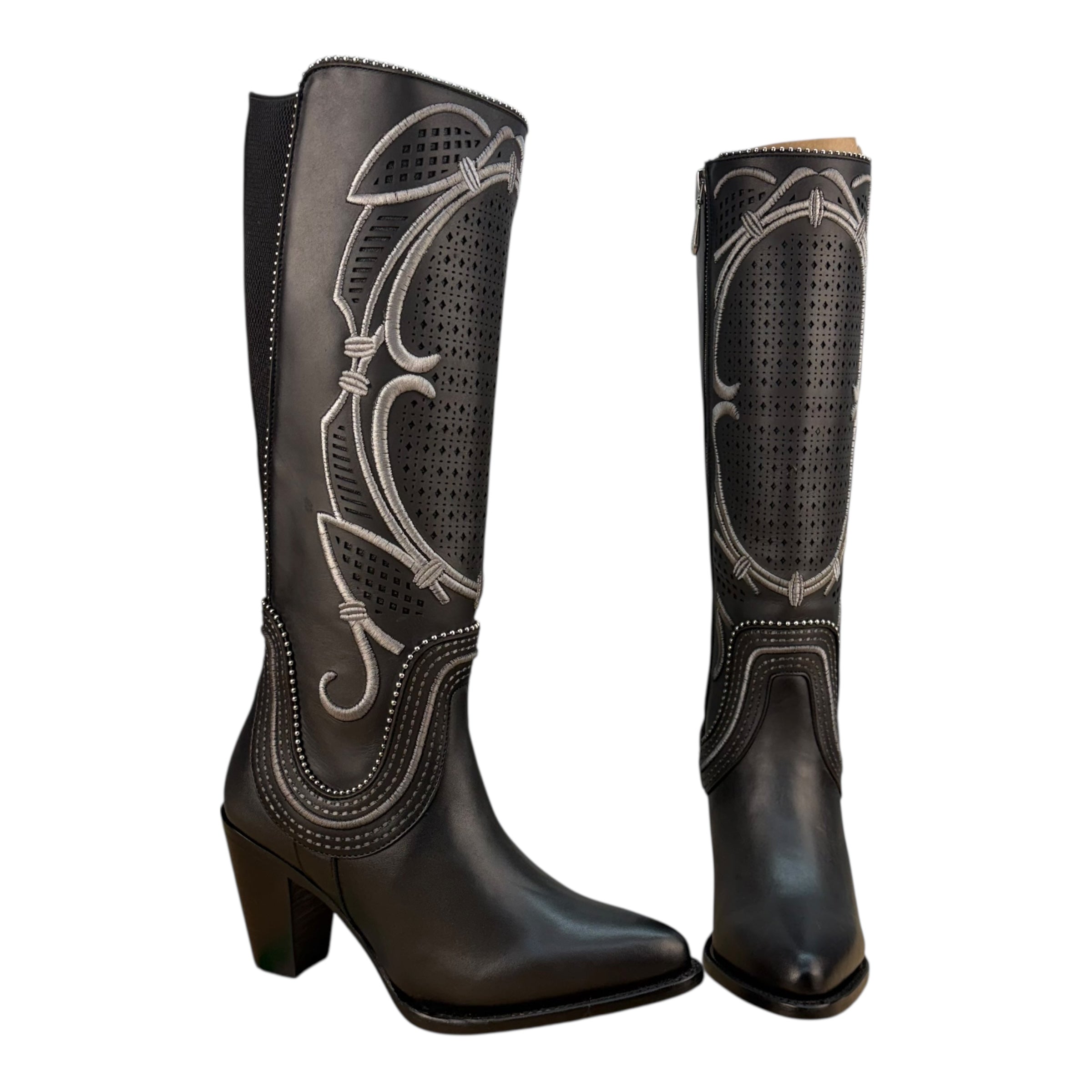 Cuadra CC242 Women’s Grey Laser Embroidery & Stud Tall Western Boots