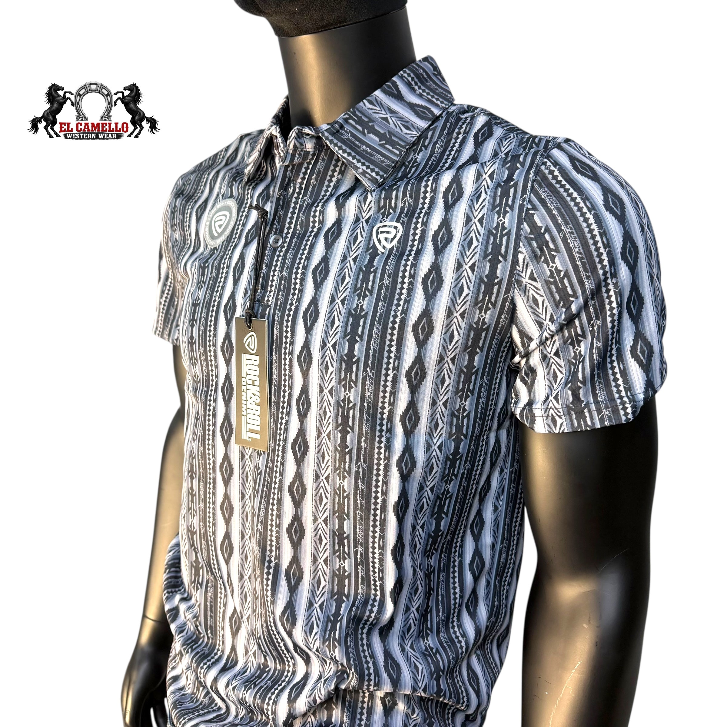 Rock & Roll Denim RR Aztec Printed Polo โ Charcoal BM51T07682