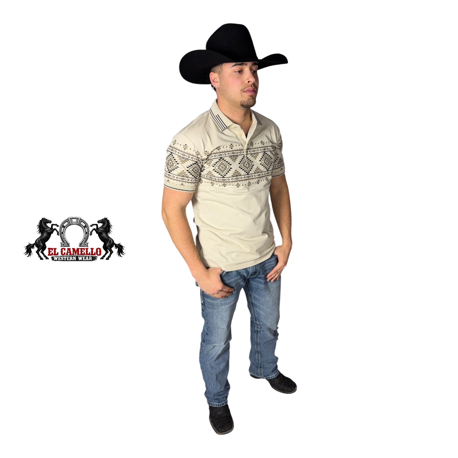 LAM-28232 Men’s Western Print Polo – Beige