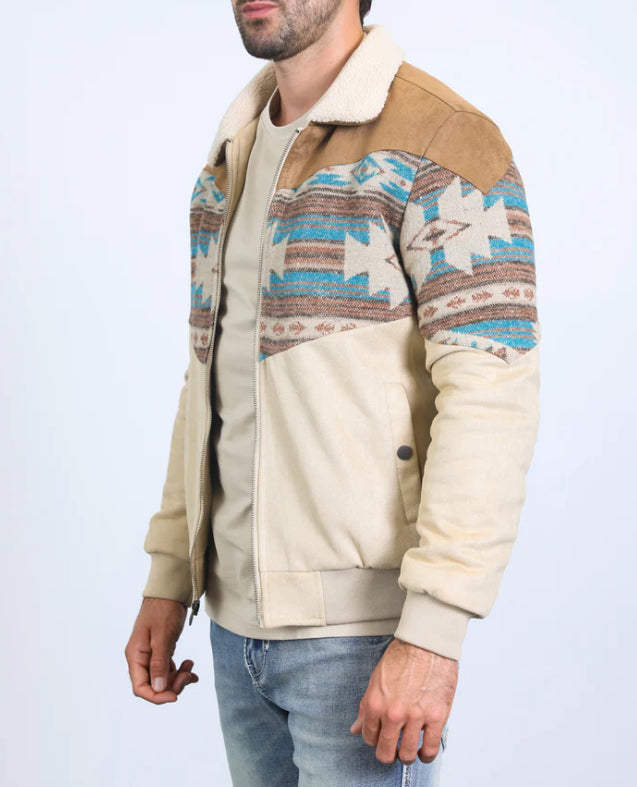 Platini Men’s Southwestern Sherpa Collar Zip Jacket – Cream & Turquoise