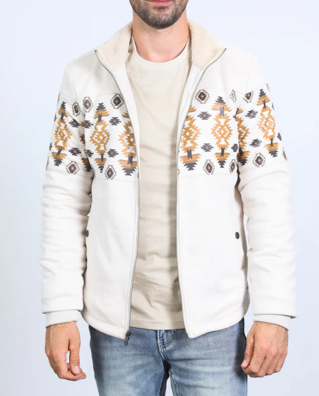 Platini Men’s Southwestern Sherpa-Lined Zip Jacket – Ivory & Tan