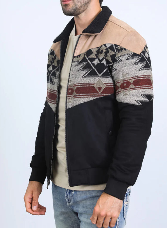 Platini Men’s Southwestern Sherpa Collar Zip Jacket – Black, Tan & Burgundy