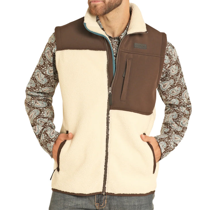 Rock and Roll Men’s Brown & Cream Fleece Zip-Front Vest C04313