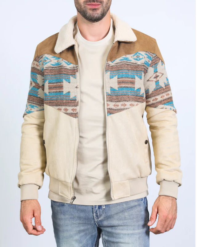 Platini Men’s Southwestern Sherpa Collar Zip Jacket – Cream & Turquoise