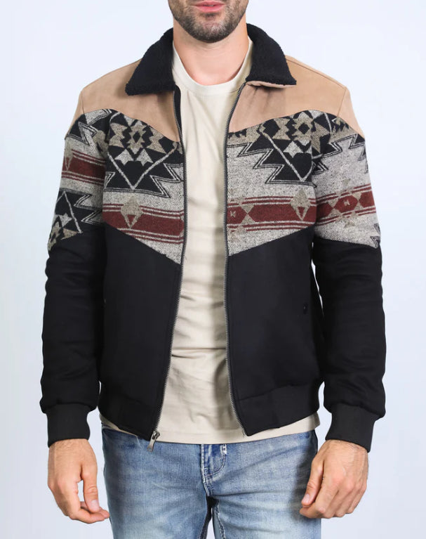 Platini Men’s Southwestern Sherpa Collar Zip Jacket – Black, Tan & Burgundy