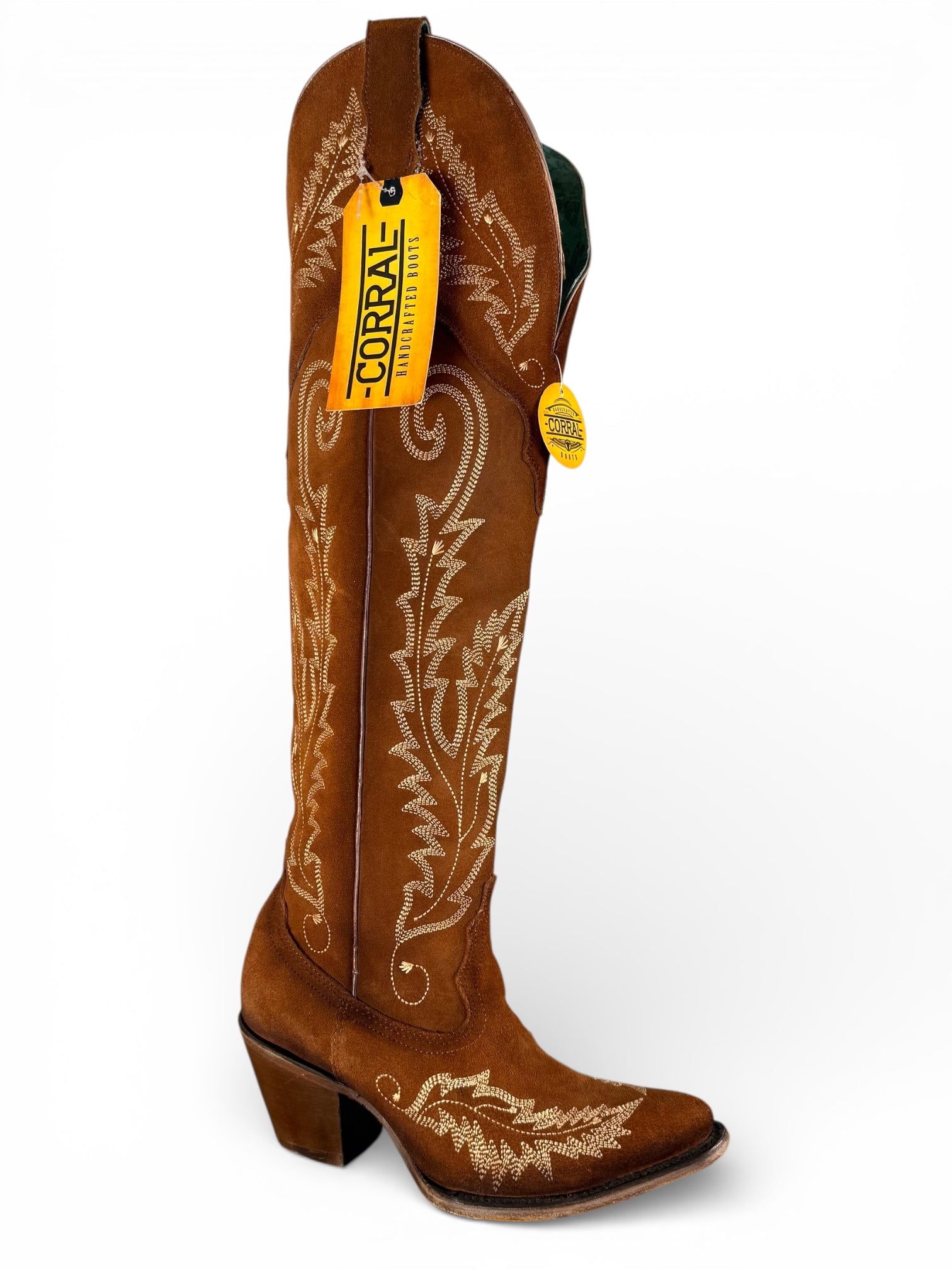 A4405- WOMEN'S COGNAC SUEDE EMBROIDERY TALL TOP J TOE COWBOY BOOT