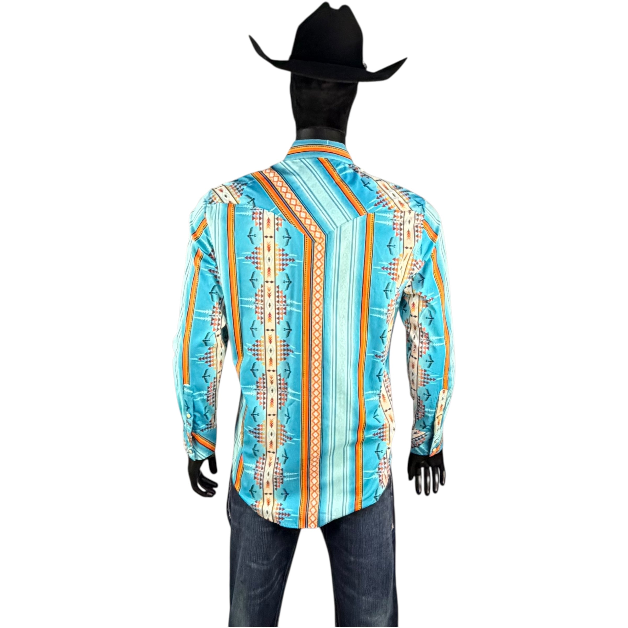 Men’s Rock & Roll Turquoise Stripe Aztec Long Sleeve Western Shirt