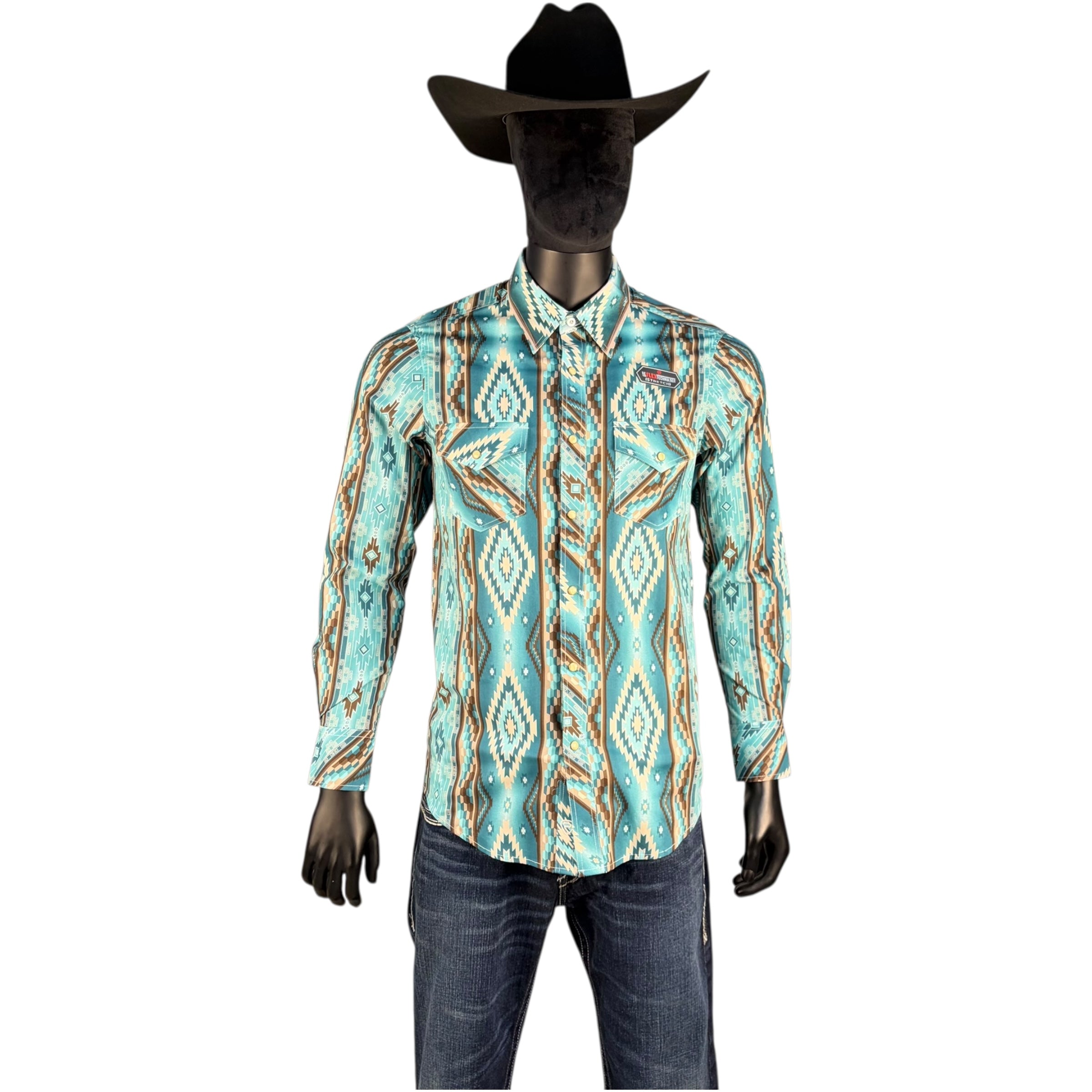 Men’s Rock & Roll Turquoise Aztec Print Long Sleeve Western Shirt
