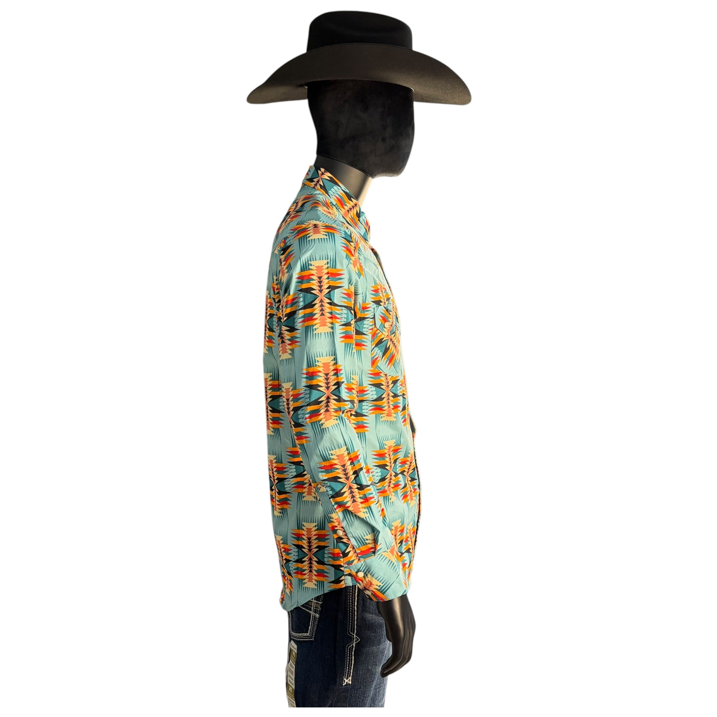 Men’s Rock & Roll Turquoise Thunderbird Pattern Long Sleeve Western Shirt