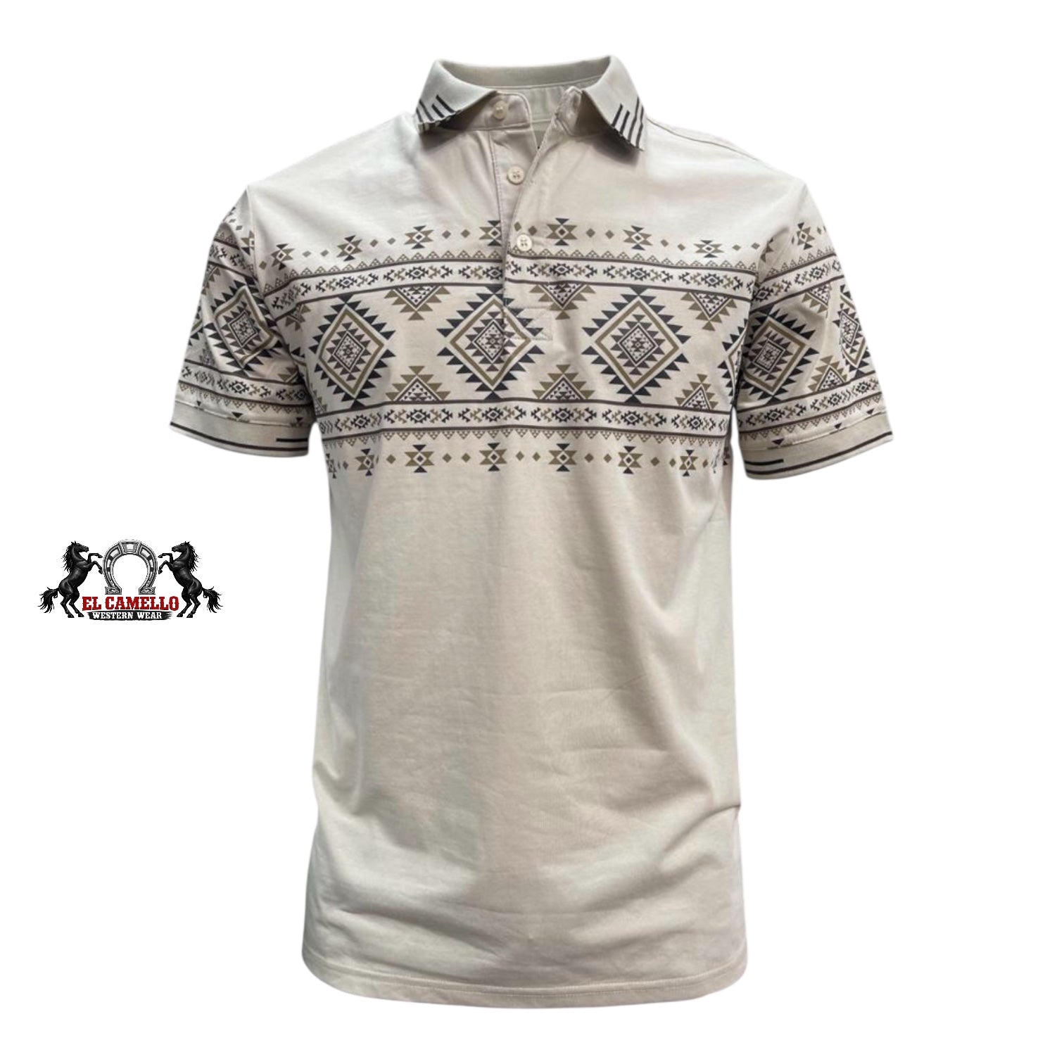 LAM-28232 Menโs Western Print Polo โ Beige