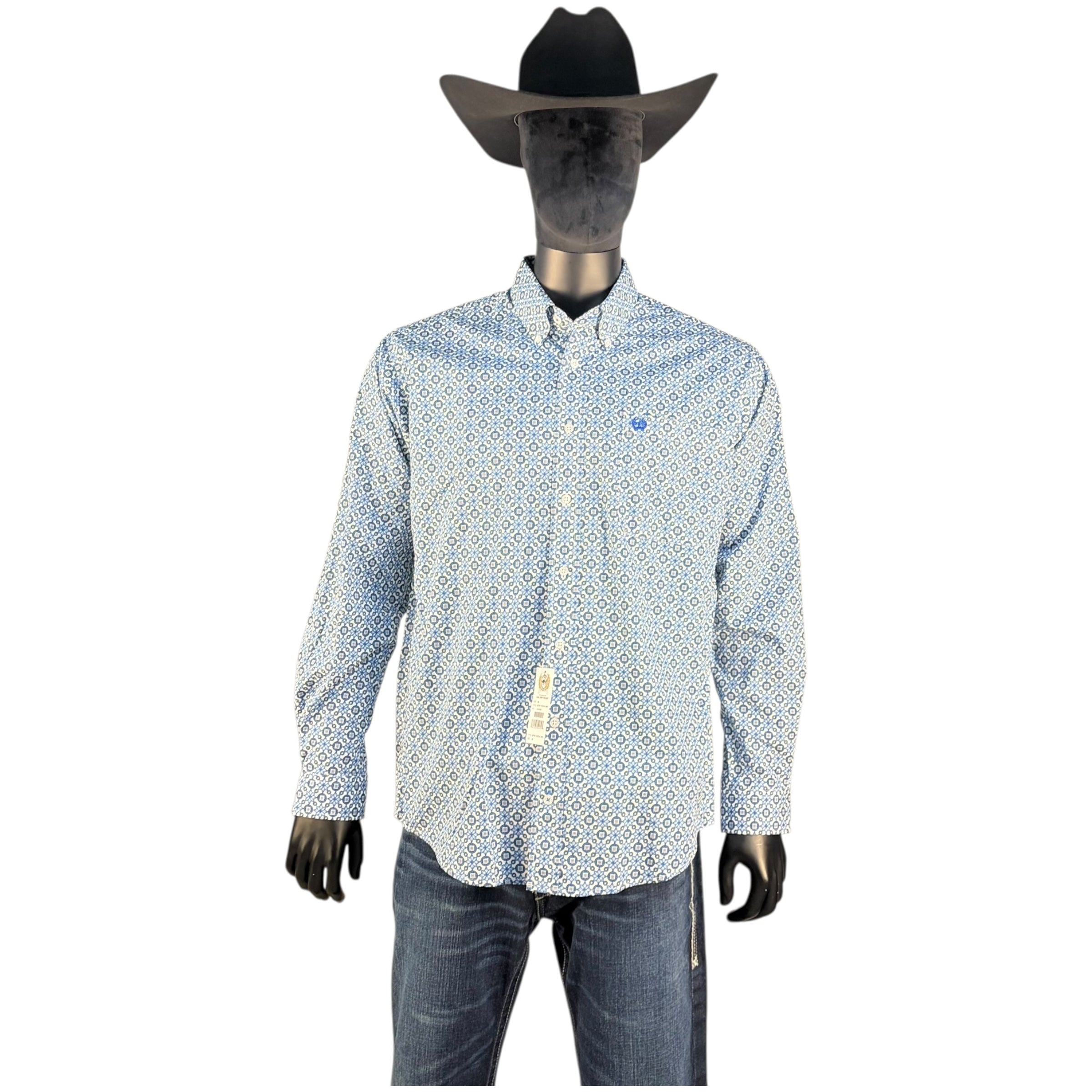 Men’s Cinch Blue Geometric Print Long Sleeve Button-Down Shirt