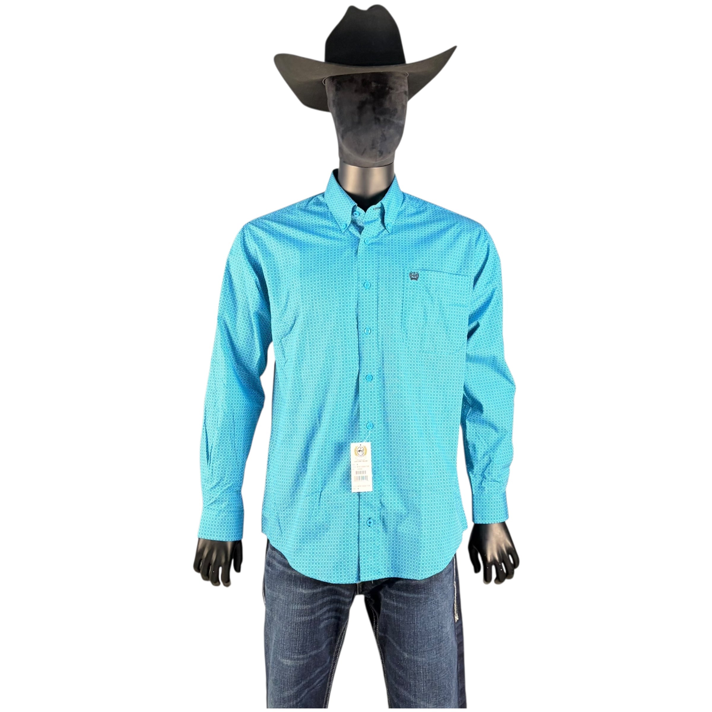 Men’s Cinch Turquoise Geometric Print Long Sleeve Button-Down Shirt