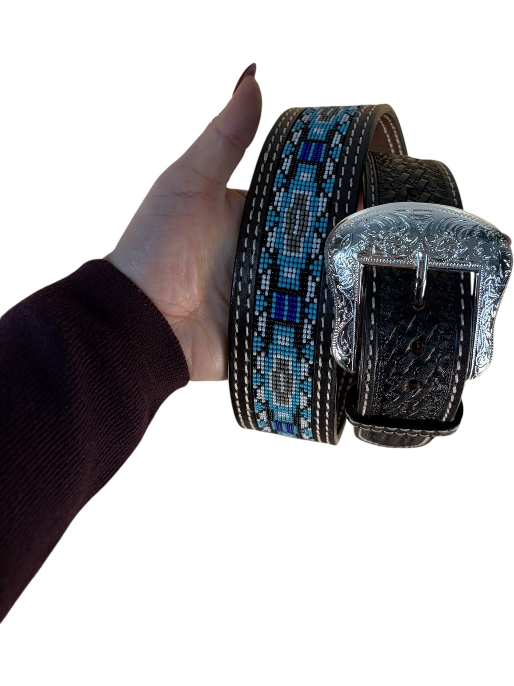Ranger Beaded Western Leather Belt – Black with Turquoise & Blue Pattern