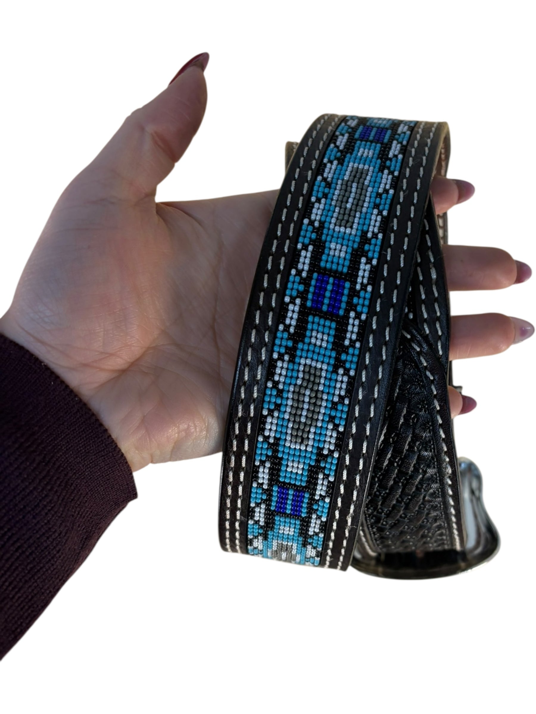Ranger Beaded Western Leather Belt – Black with Turquoise & Blue Pattern