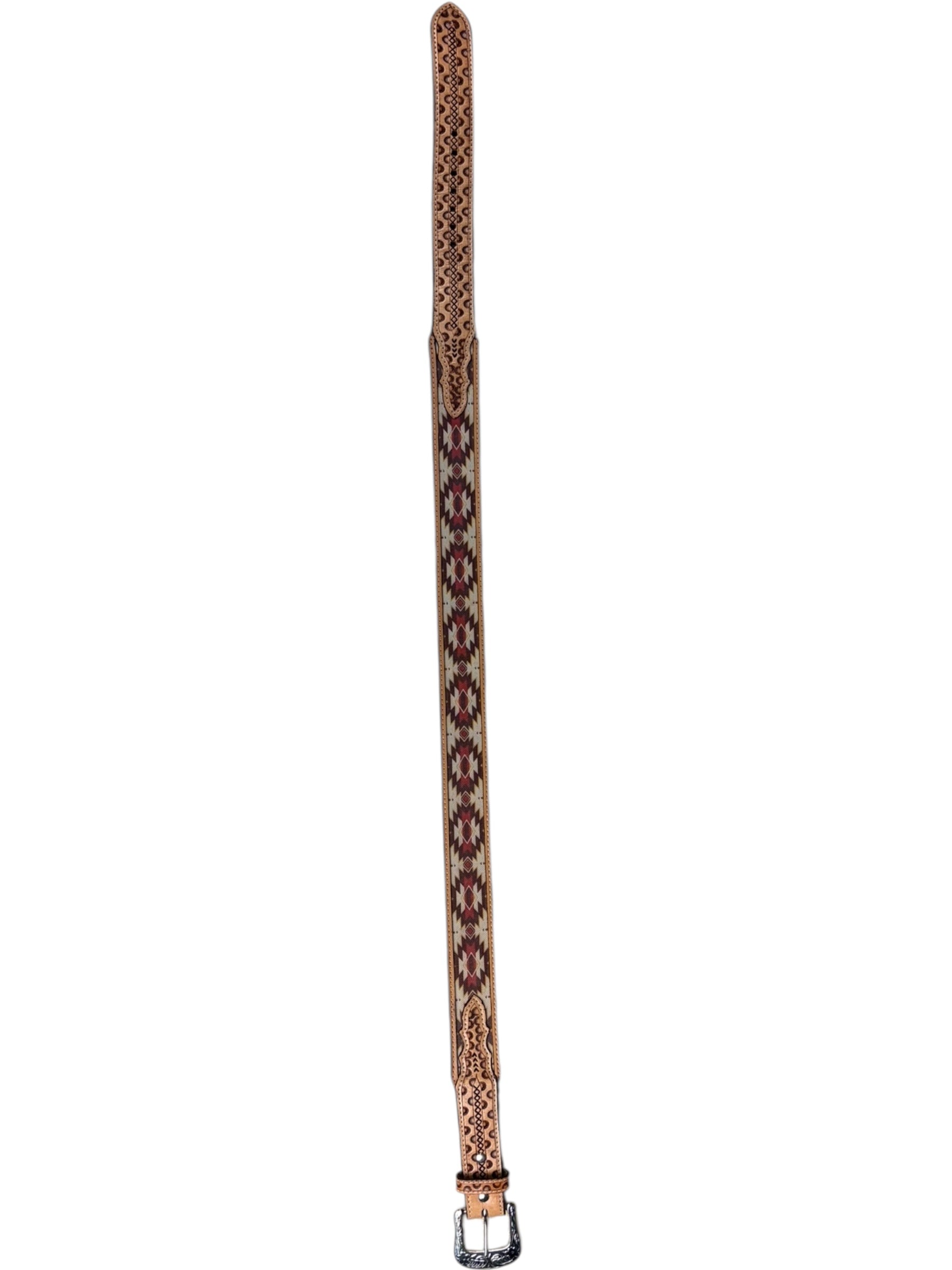 Southwestern Inlay Western Leather Belt – Tan with Burgundy & Cream Pattern