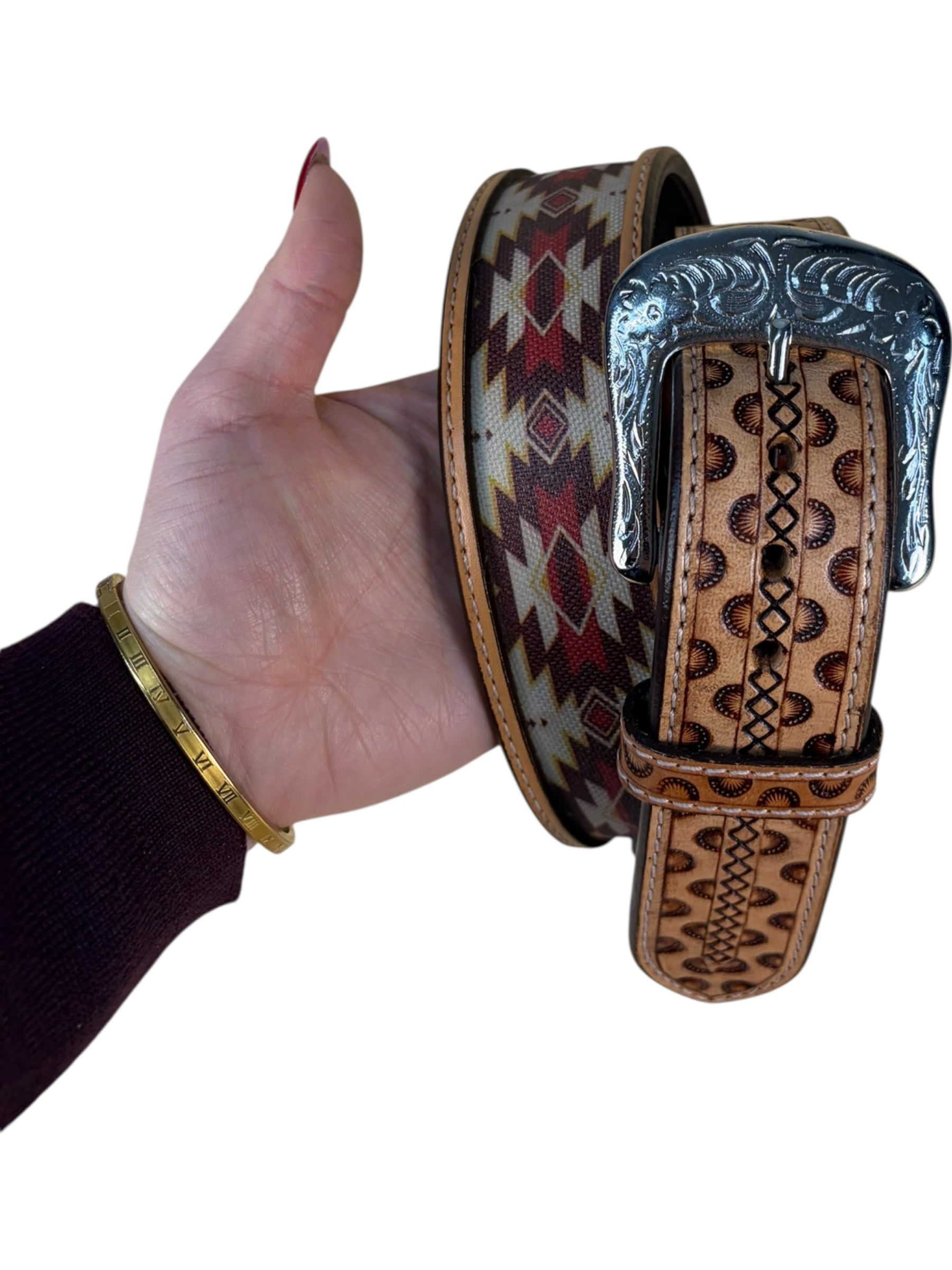 Southwestern Inlay Western Leather Belt – Tan with Burgundy & Cream Pattern