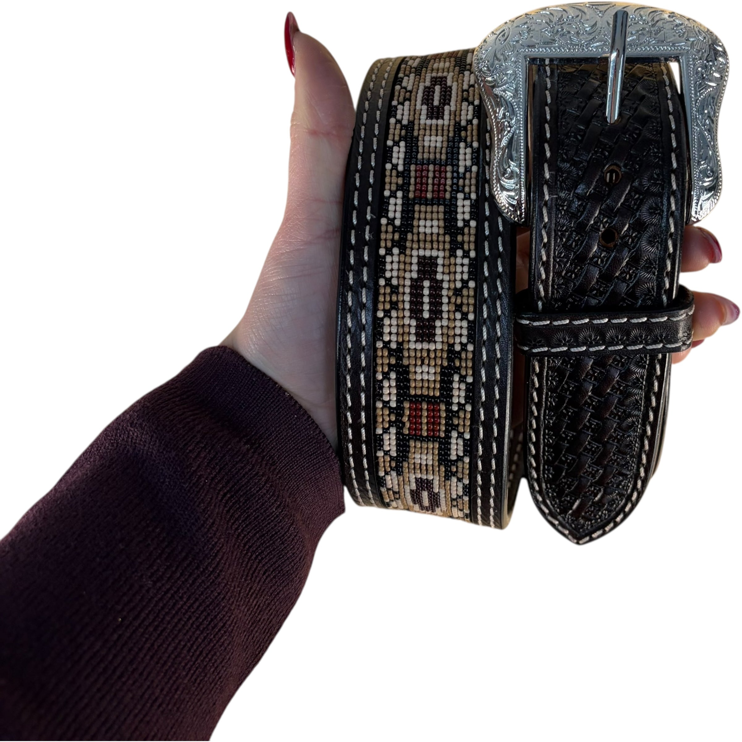 Ranger Beaded Southwestern Leather Belt – Black