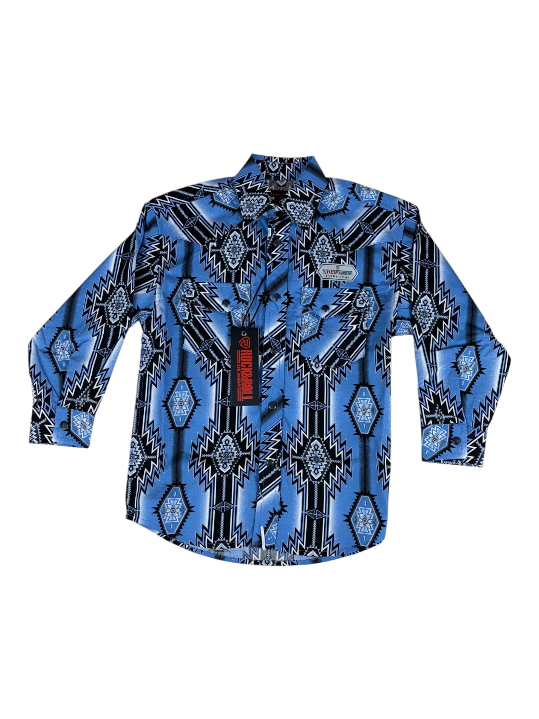 Rock & Roll Denim Boys’ Southwestern Print Long Sleeve Snap Shirt – Blue & Black