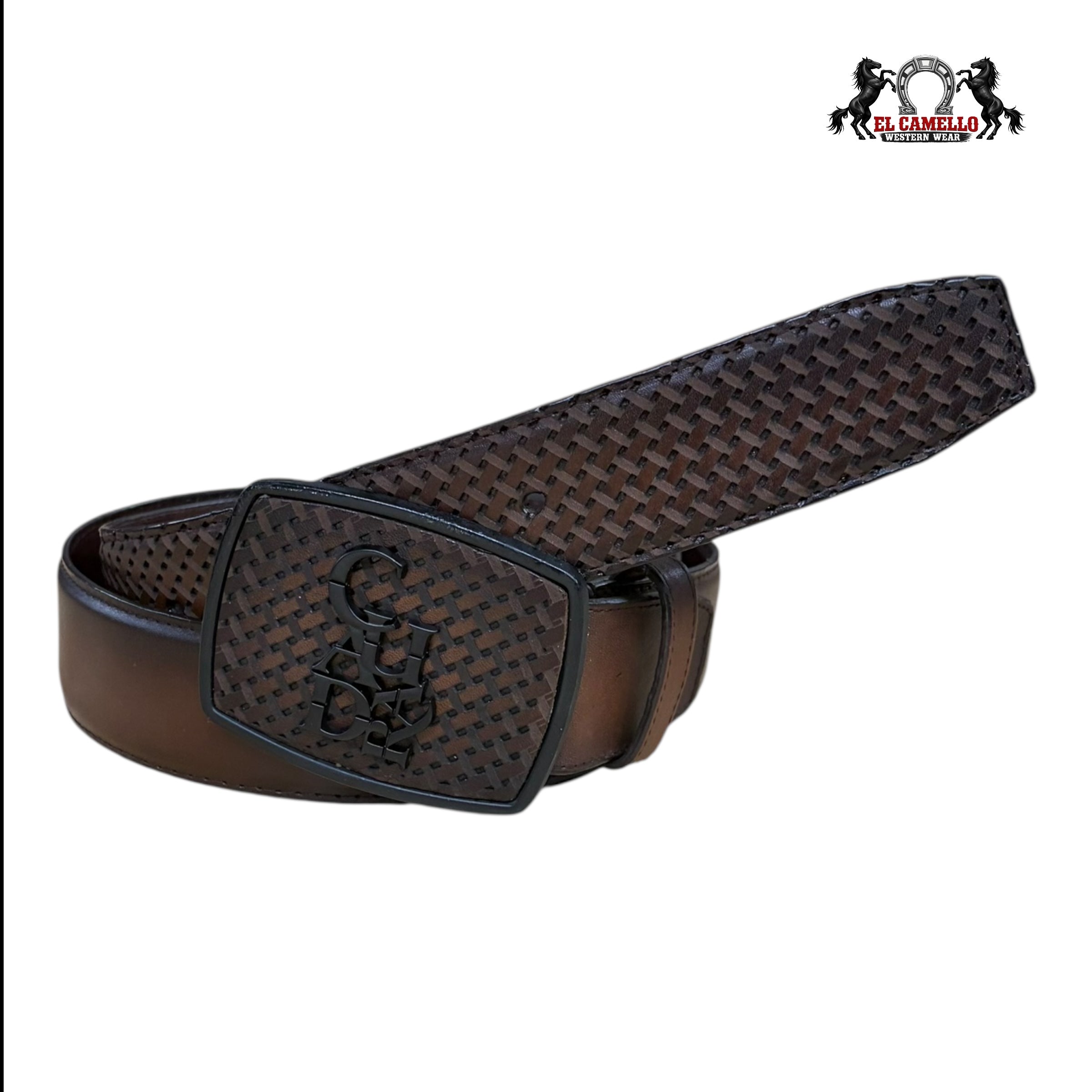 Cuadra Men’s Woven Leather Belt with Monogram Buckle – Brown