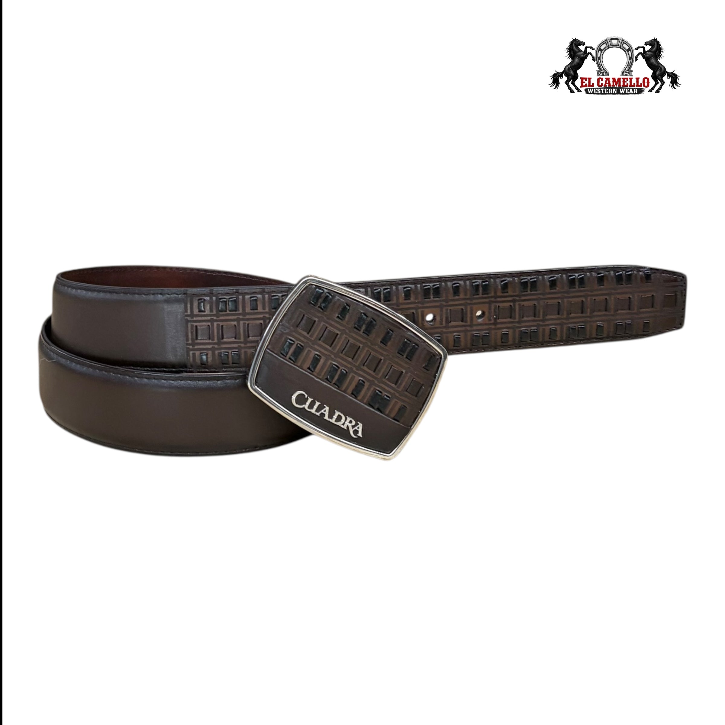 Cuadra Men’s Embossed Leather Belt with Engraved Buckle – Brown BC401