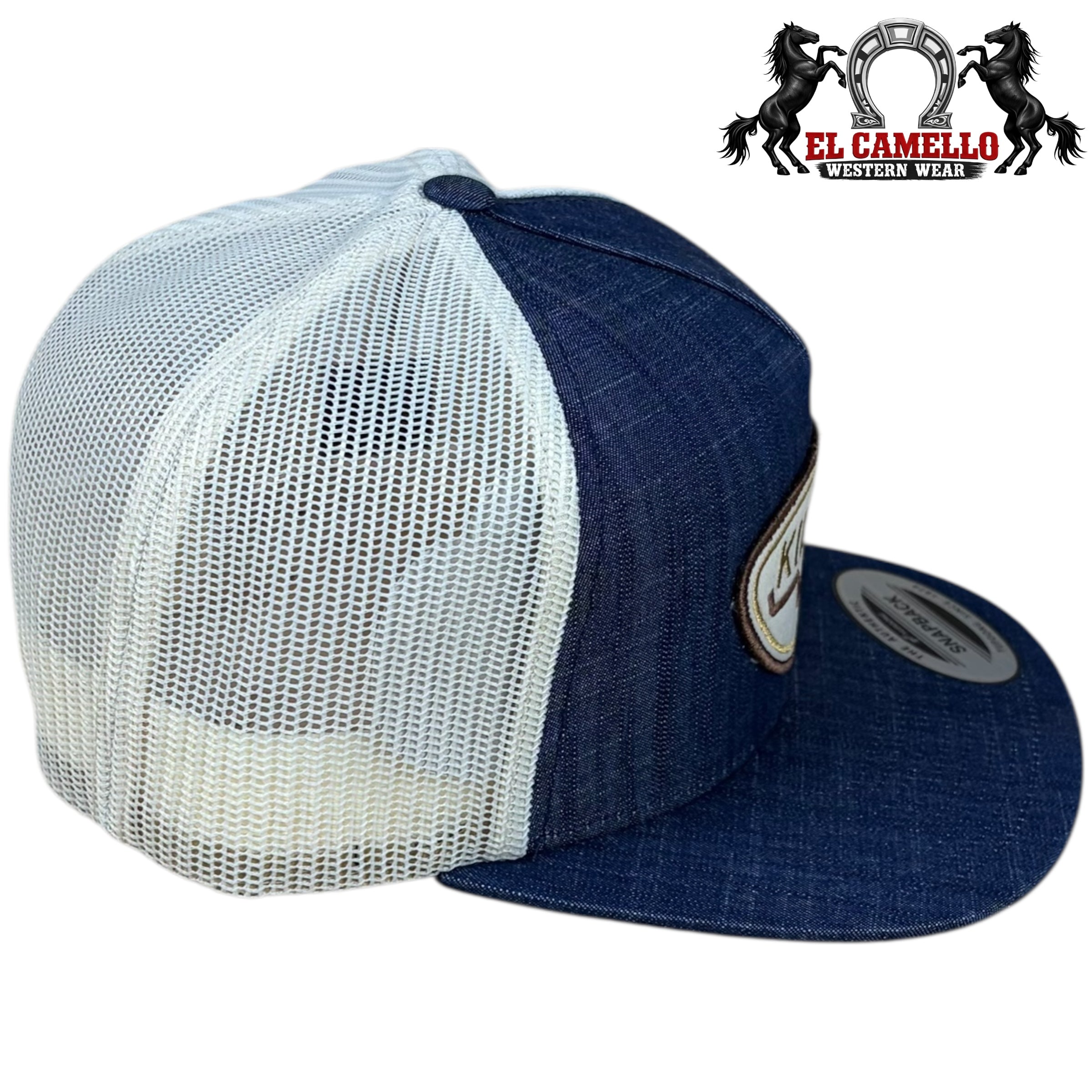 Kimes Ranch Denim & White Mesh Snapback Trucker Hat