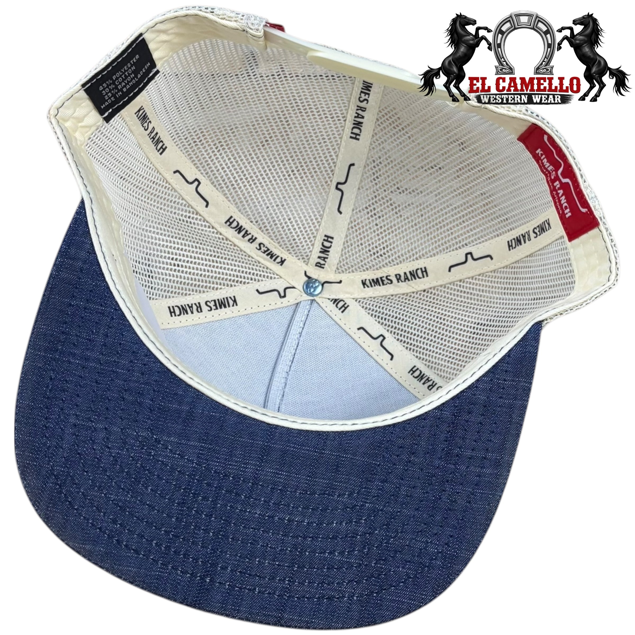 Kimes Ranch Denim & White Mesh Snapback Trucker Hat