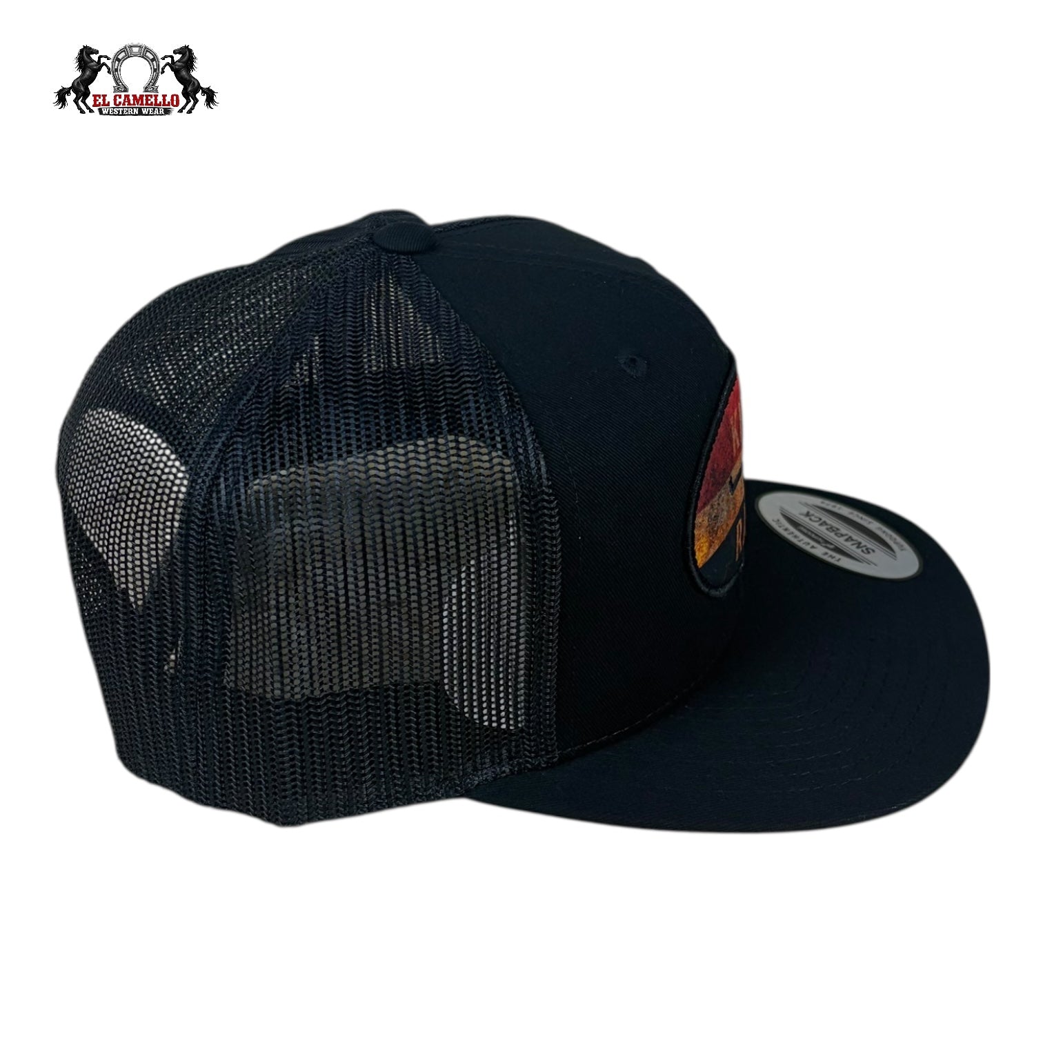 Kimes Ranch Black Trucker Snapback Hat with Sunset Patch