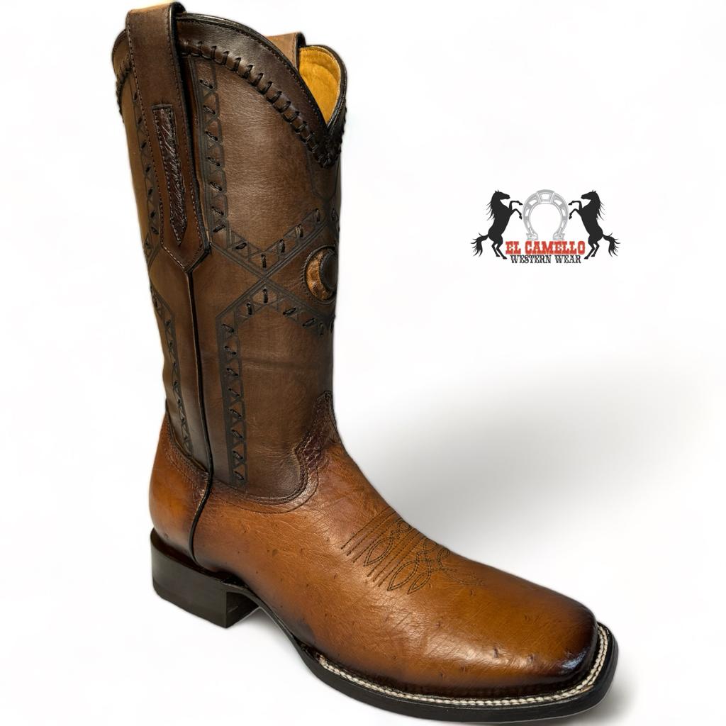 Honey Ostrich Square Toe Boots