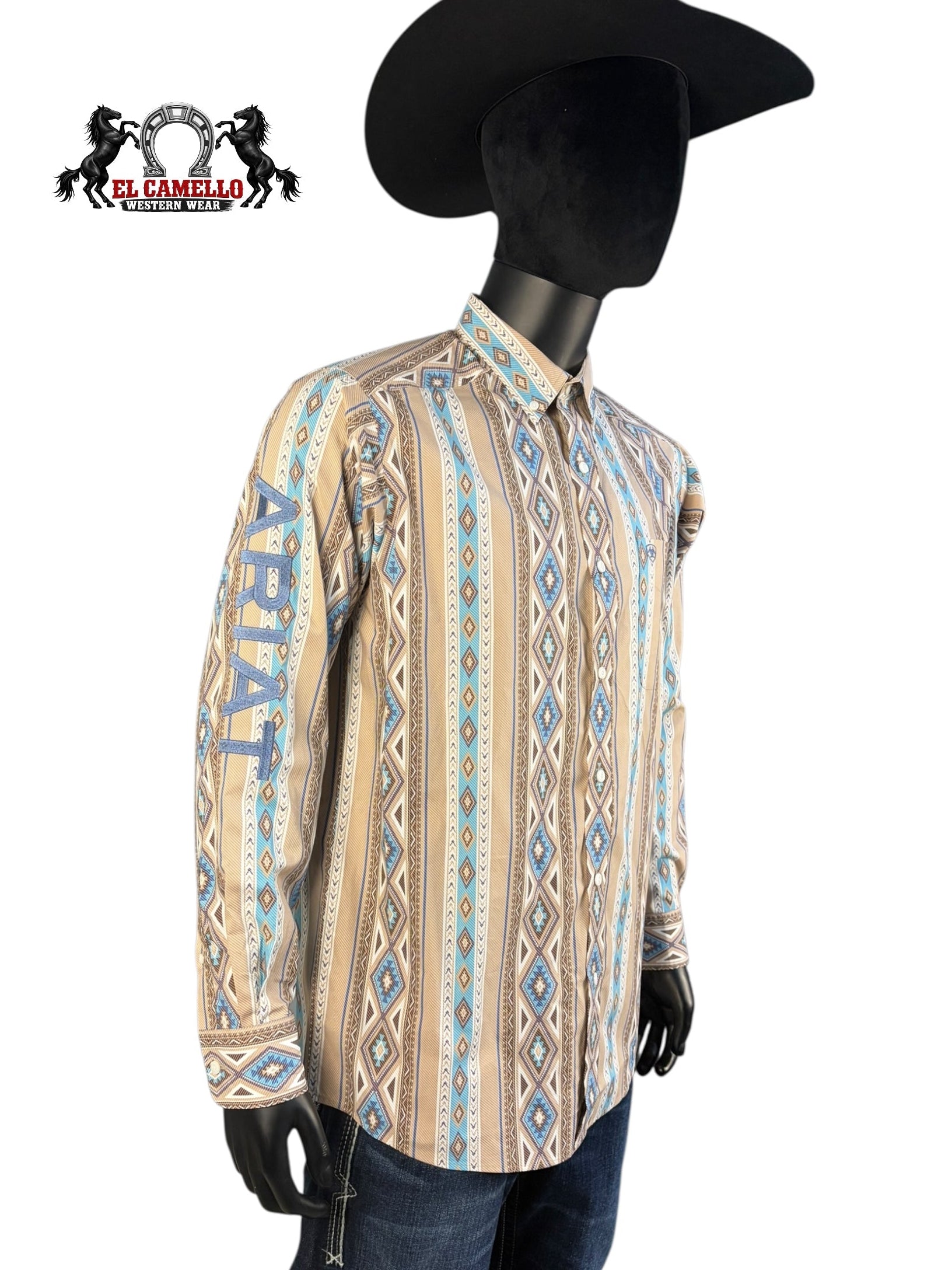 Ariat Men’s Tan & Turquoise Aztec Print Long Sleeve Button-Down Western Shirt 10071714