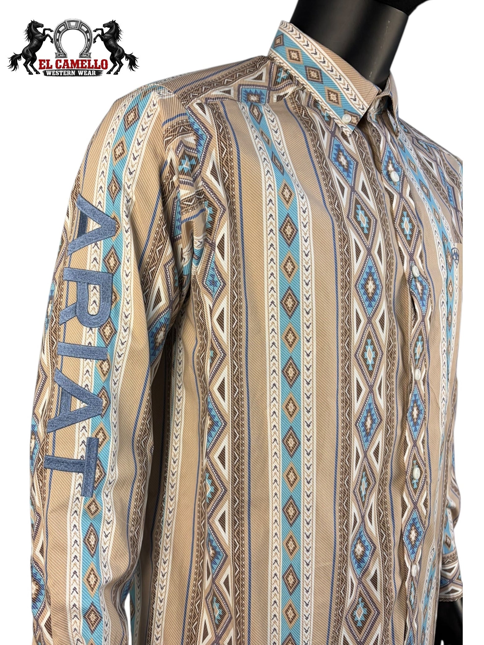 Ariat Men’s Tan & Turquoise Aztec Print Long Sleeve Button-Down Western Shirt 10071714