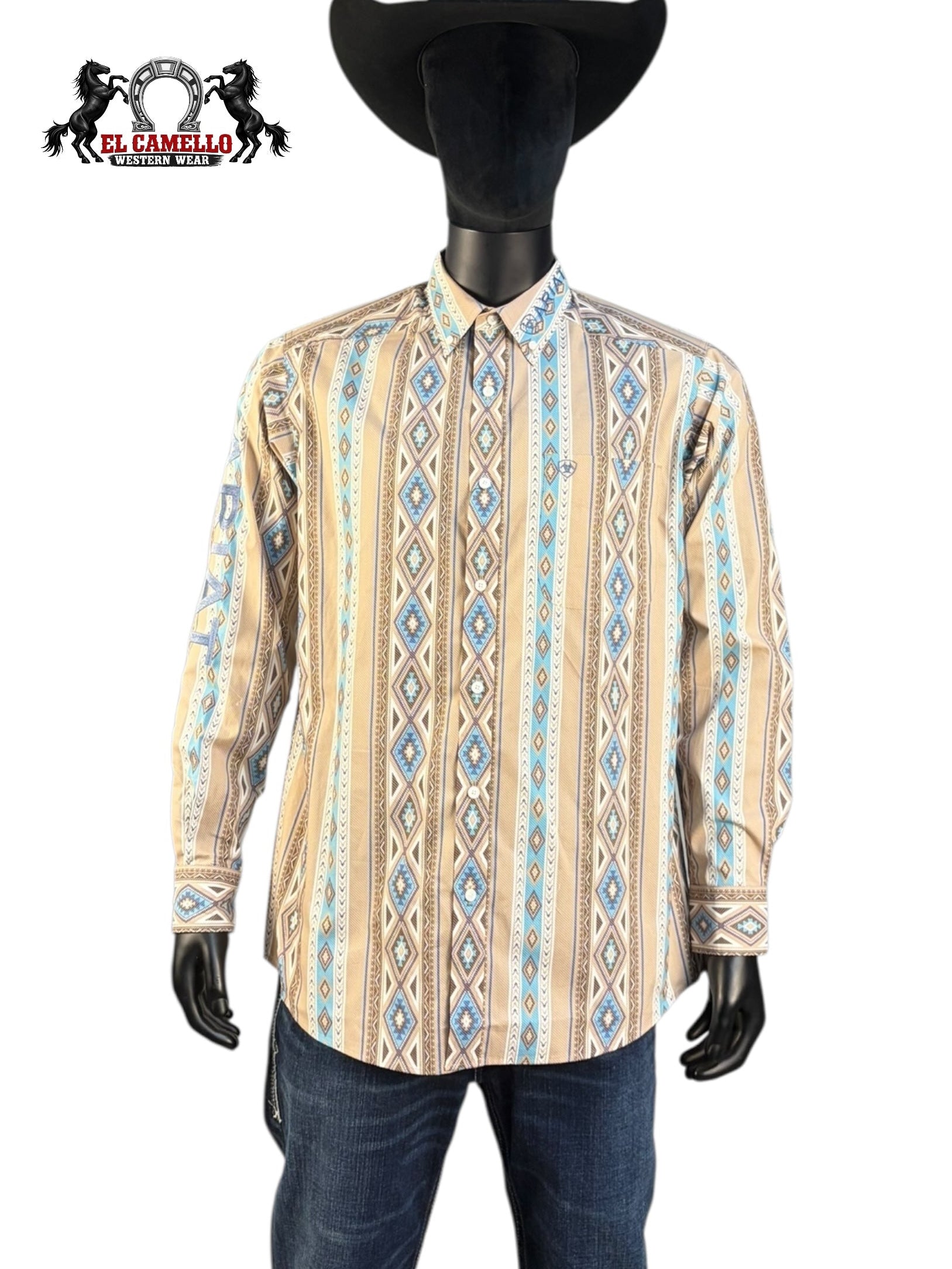 Ariat Men’s Tan & Turquoise Aztec Print Long Sleeve Button-Down Western Shirt 10071714