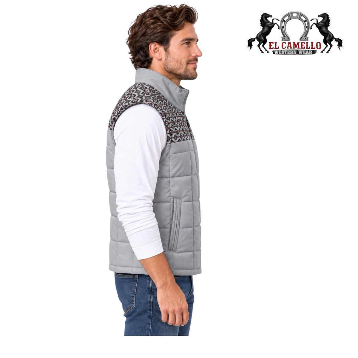 Montero Men’s Gray Quilted Southwestern Print Vest