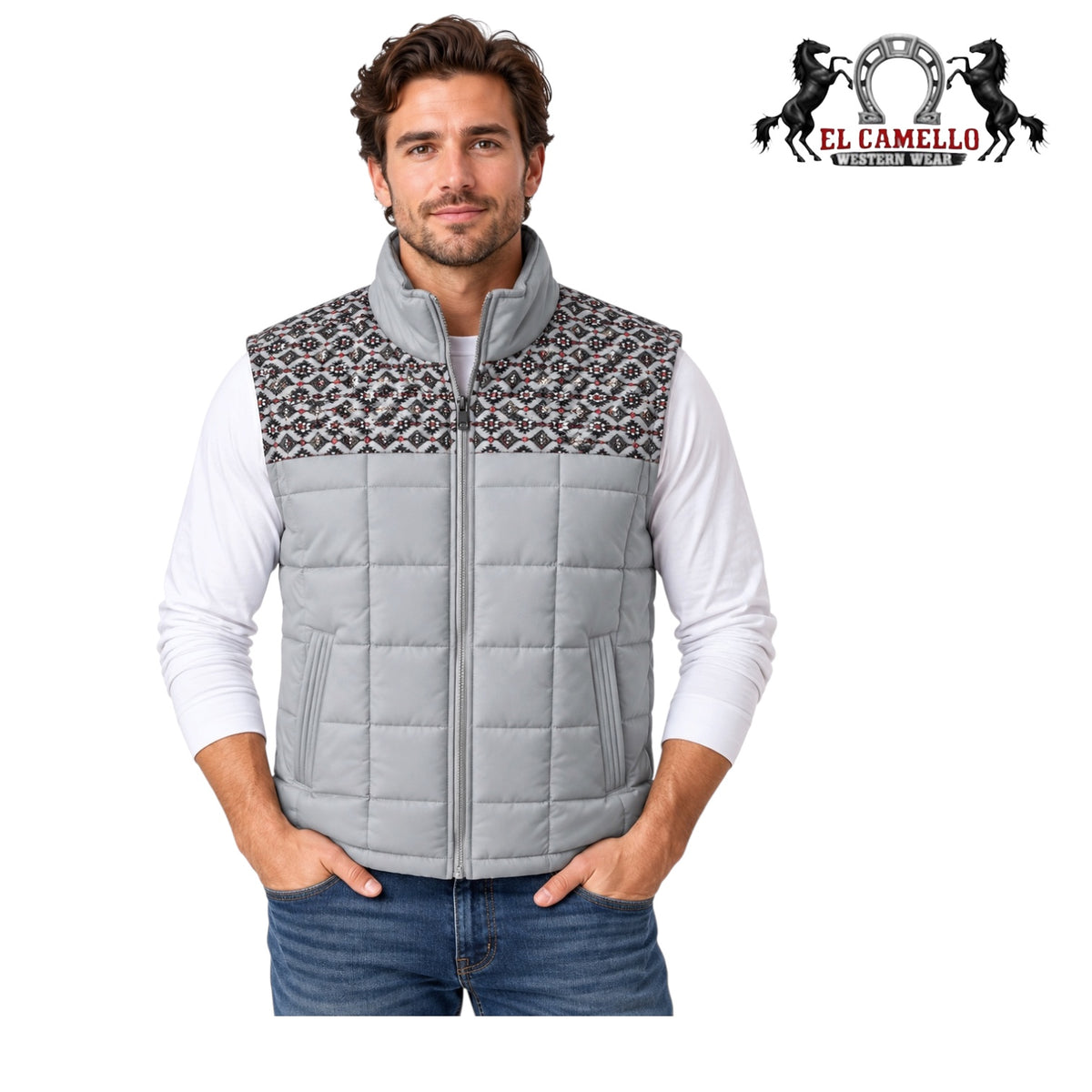 Montero Men’s Gray Quilted Southwestern Print Vest