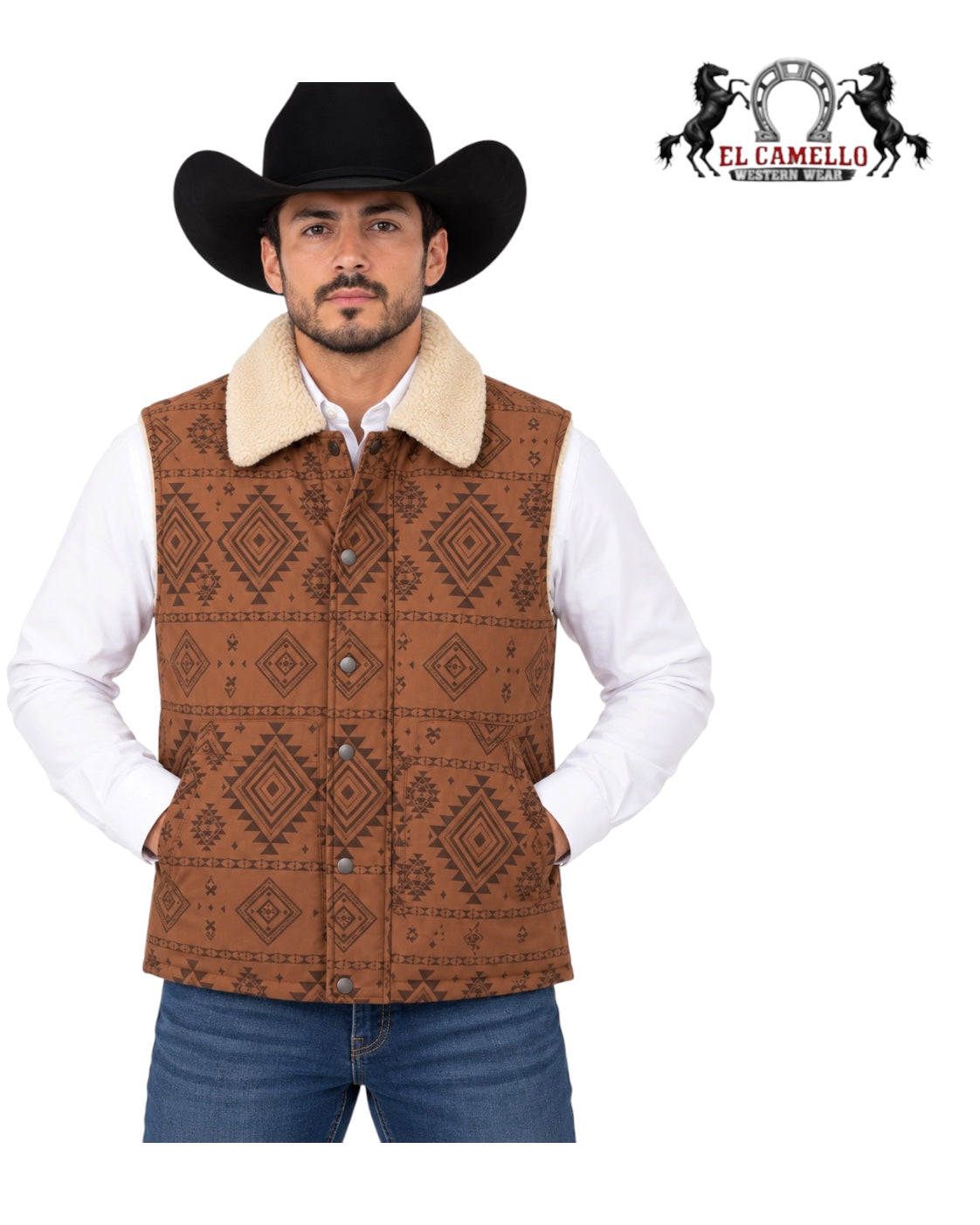 LAMA8599 Lamasini Men’s Cognac Brown Aztec Print Sherpa Collar Quilted Western Vest