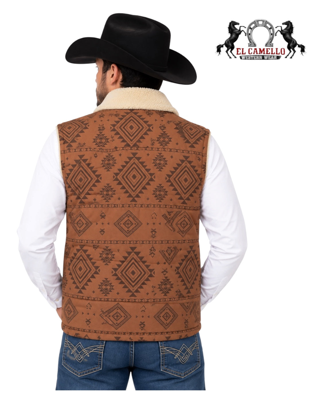 LAMA8599 Lamasini Men’s Cognac Brown Aztec Print Sherpa Collar Quilted Western Vest