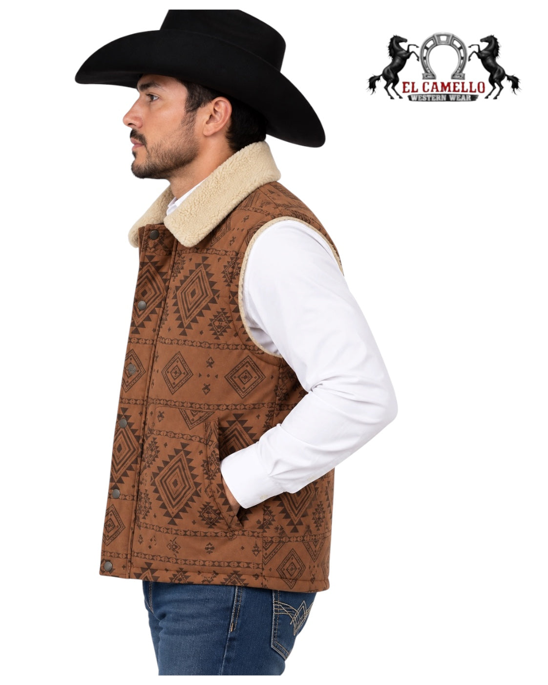 LAMA8599 Lamasini Men’s Cognac Brown Aztec Print Sherpa Collar Quilted Western Vest