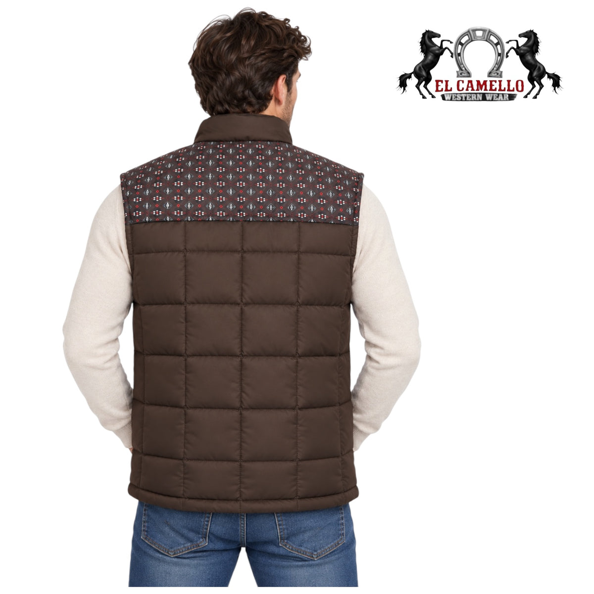 Montero Men’s Dark Brown Geometric Print Quilted Western Vest MT10005