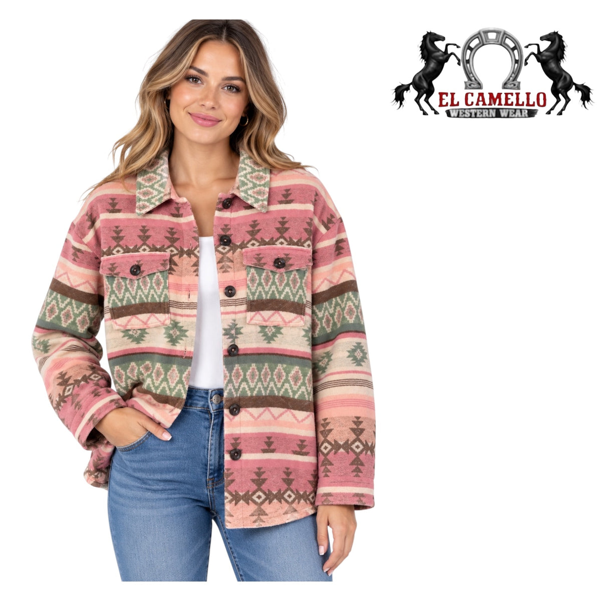 ROCK&ROLL Women’s Pink and Sage Green Aztec Print Western Shacket