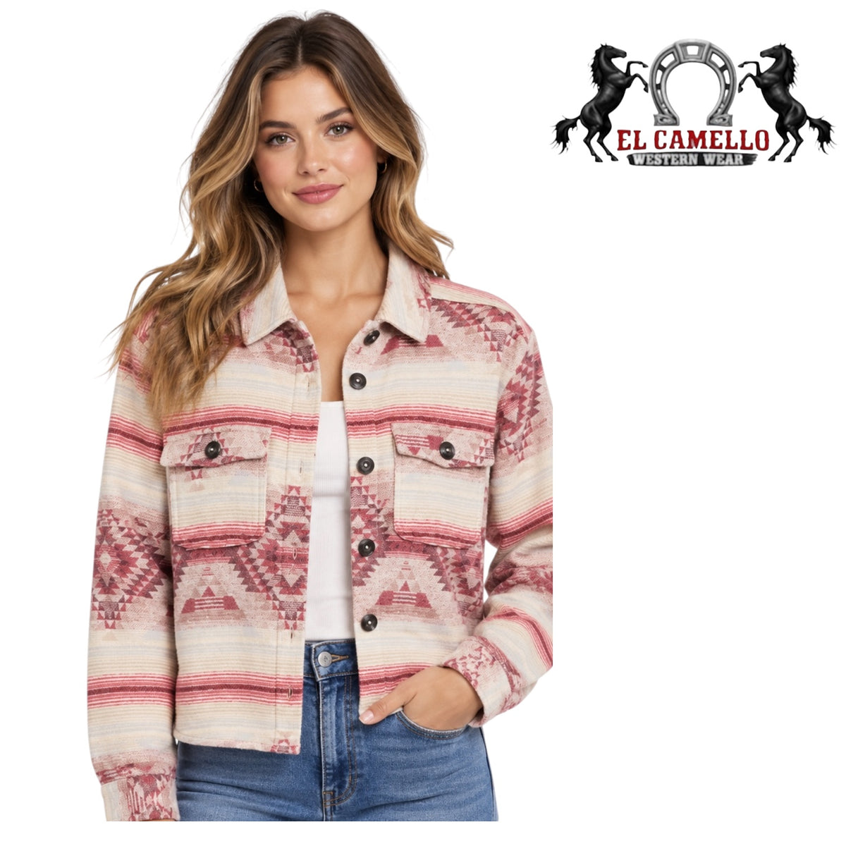 ROCK&ROLL Women’s Dusty Rose and Cream Aztec Print Western Shacket