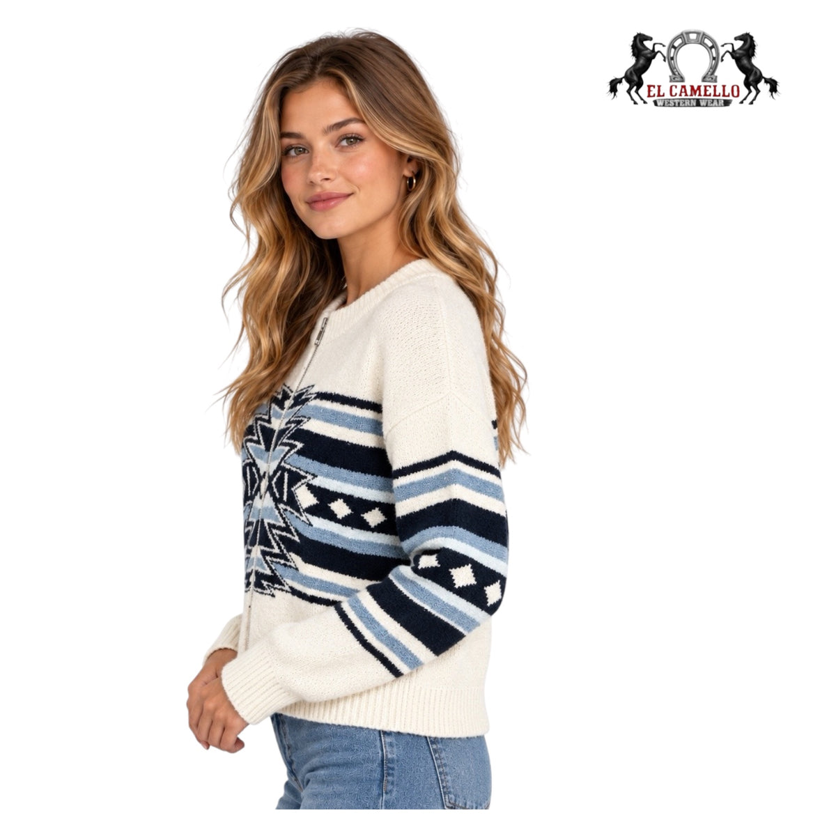CINCH Women’s Cream and Blue Aztec Print Zip-Up Western Sweater