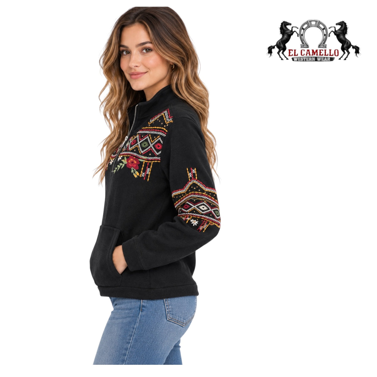 Rock&Roll Women’s Black Aztec Embroidered Floral Quarter-Zip Western Pullover