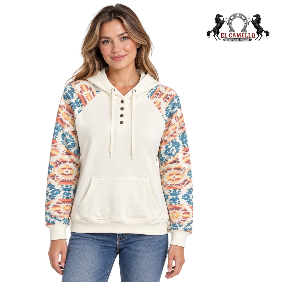 Women’s Cream Multicolor Aztec Print Western Hoodie