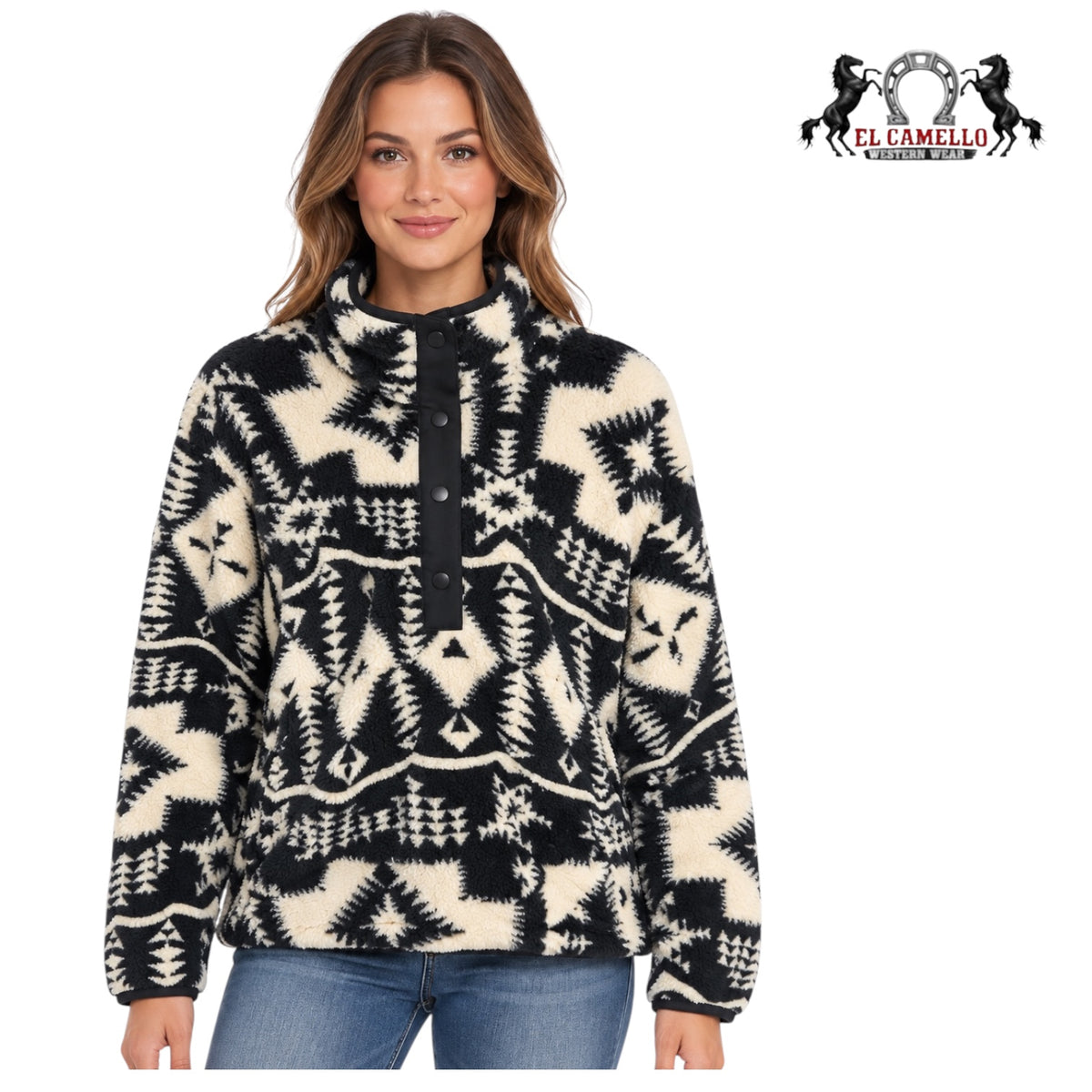 ARIAT Women’s Black and Cream Aztec Print Sherpa Fleece Pullover