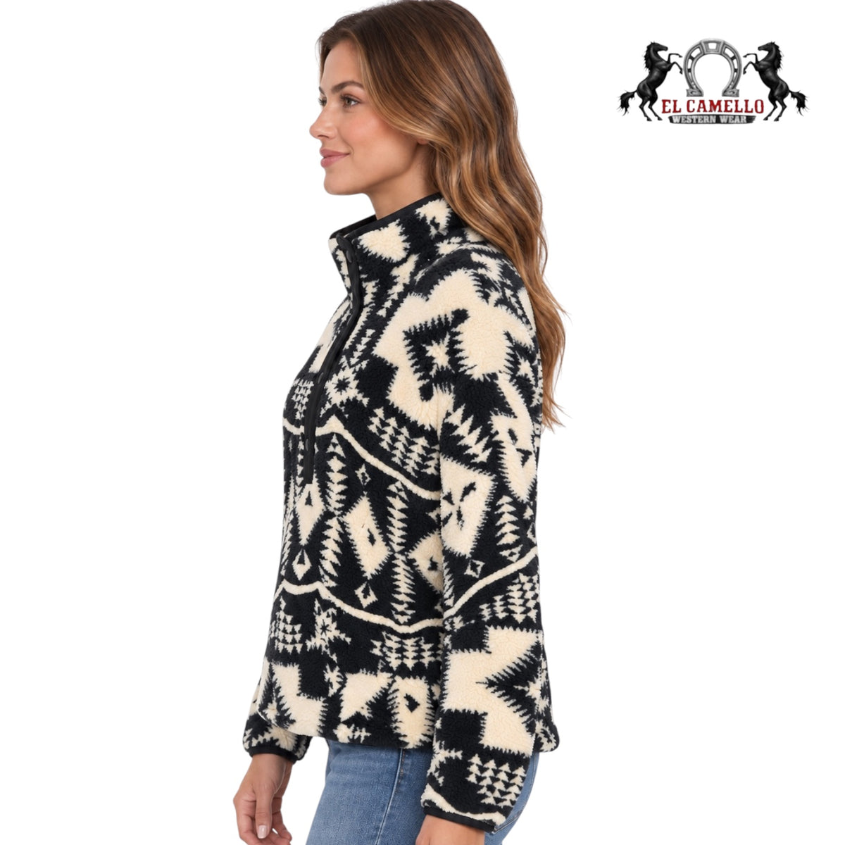 ARIAT Women’s Black and Cream Aztec Print Sherpa Fleece Pullover
