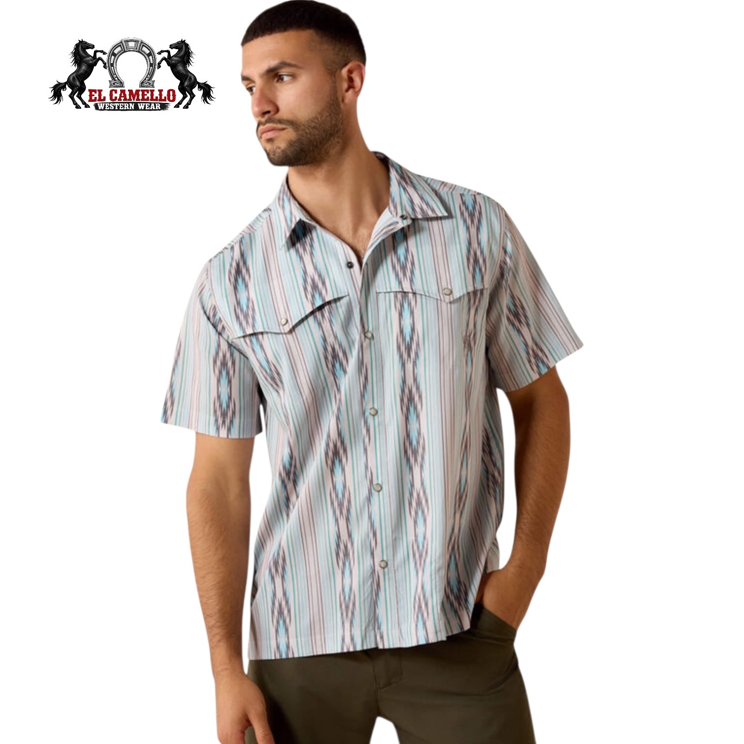 Ariat Men’s Western Performance Snap Shirt – Turquoise & Brown Stripe